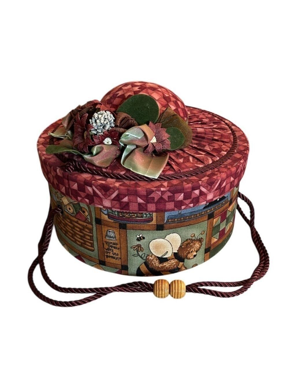 Vintage Fabric Covered Hat Box Shape Sewing Basket Organizer with Floral Accent